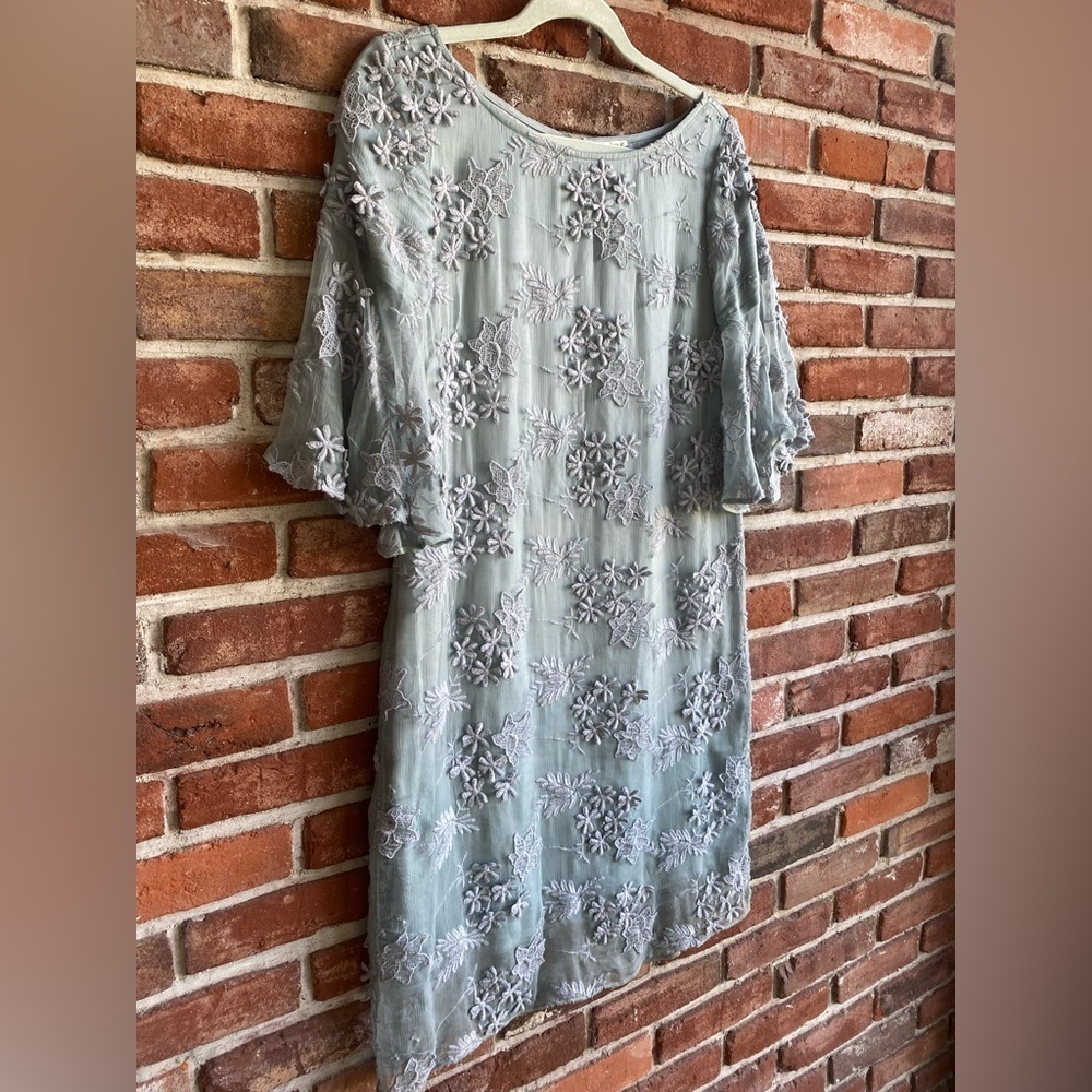Sundance Floral Appliqué Aqua Blue Green Shift Dress Small